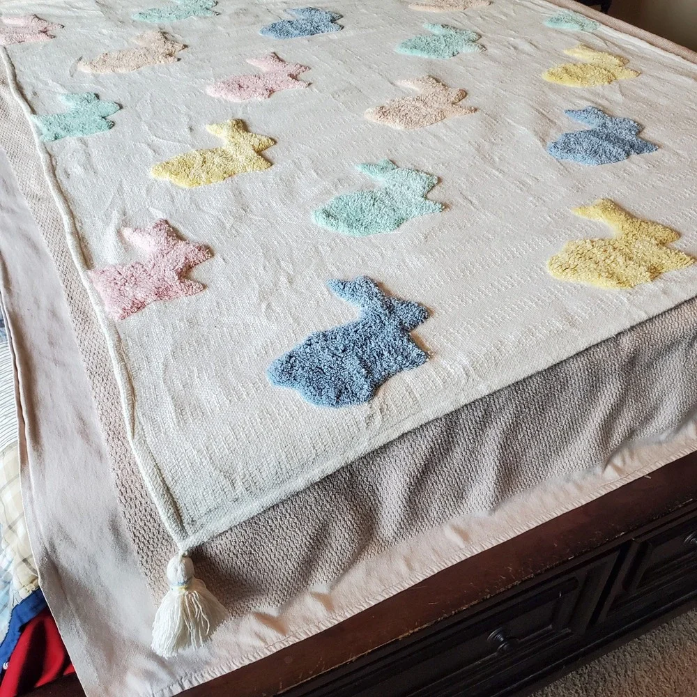 Bunny Boulevard Pastel Tufted Bunny Cotton Throw‎ Blanket with Tassels 66x52